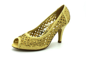 WOMENS / LADIES GOLD LOW KITTEN HEELS COURT SHOES OPEN TOE