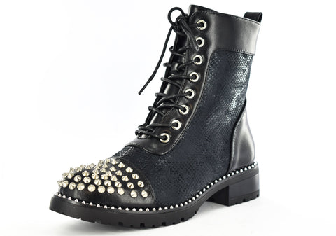 LADIES BLACK STUDDED LACE UP SIDE ZIP ANKLE BOOTS