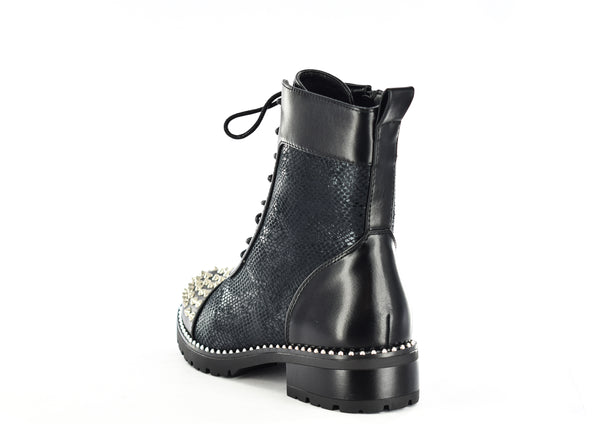 LADIES BLACK STUDDED LACE UP SIDE ZIP ANKLE BOOTS