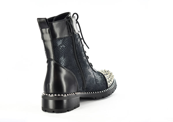 LADIES BLACK STUDDED LACE UP SIDE ZIP ANKLE BOOTS