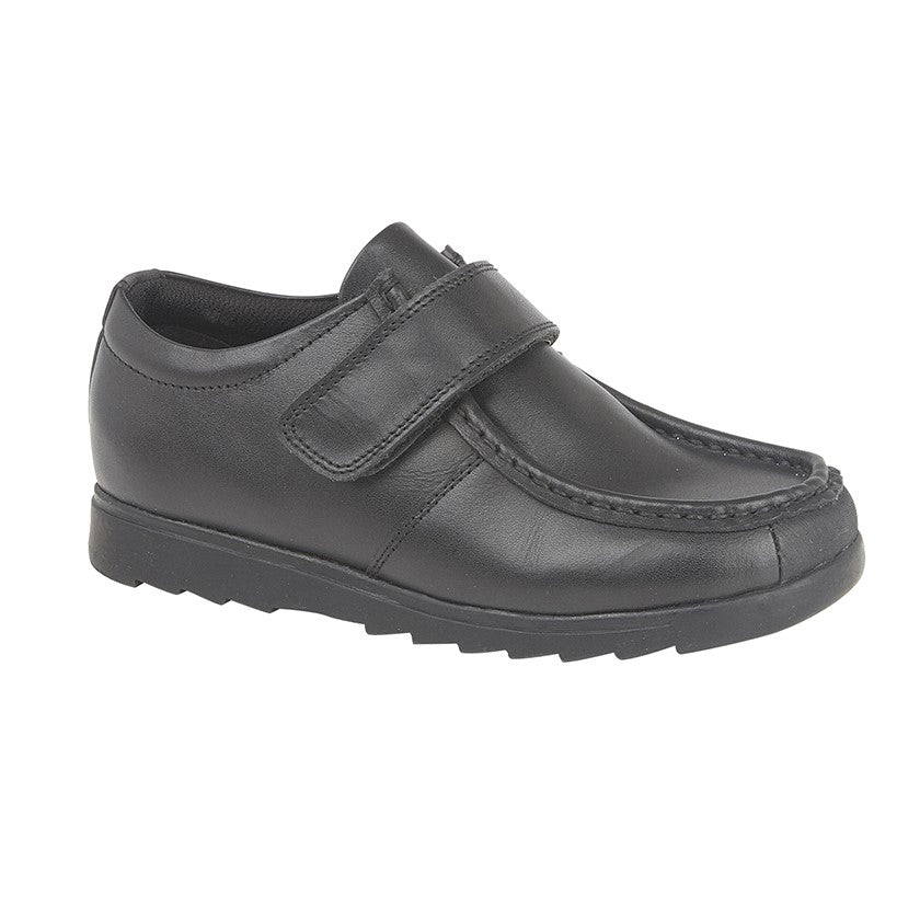 BOYS BLACK LEATHER SINGLE TOUCH FASTENING SCHOOL SHOES UK SIZE 10-6