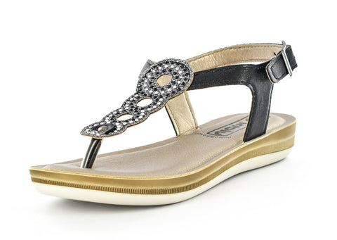 LADIES BLACK LIGHT WEIGHT EMBELLISHED TOE POST SUMMER SANDALS