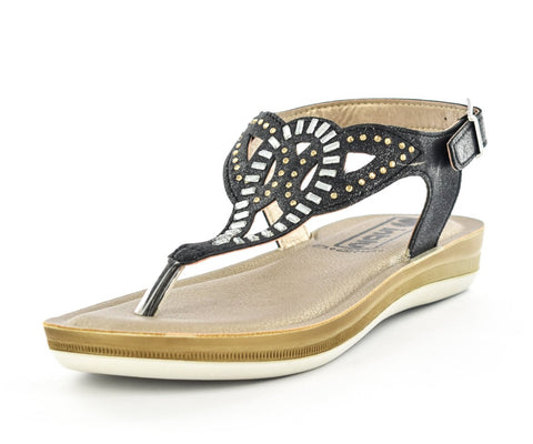 LADIES BLACK LIGHT WEIGHT EMBELLISHED TOE POST SUMMER SANDALS