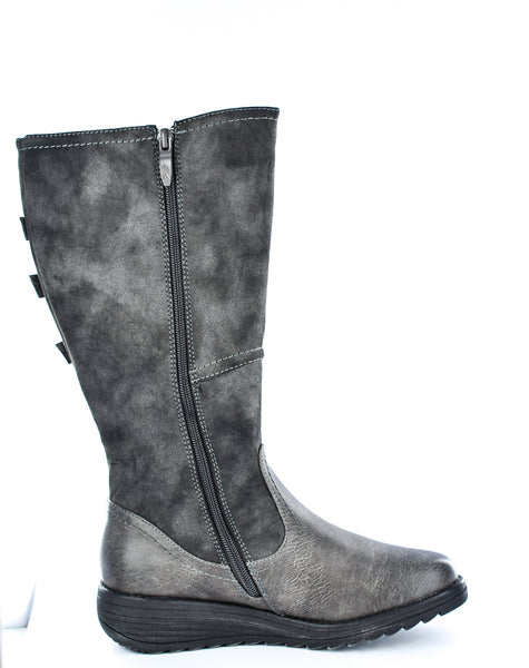 Ladies Triple Buckle Brushed Faux Leather Classic High Leg Boot Grey