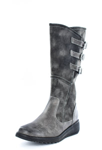 Ladies Triple Buckle Brushed Faux Leather Classic High Leg Boot Grey