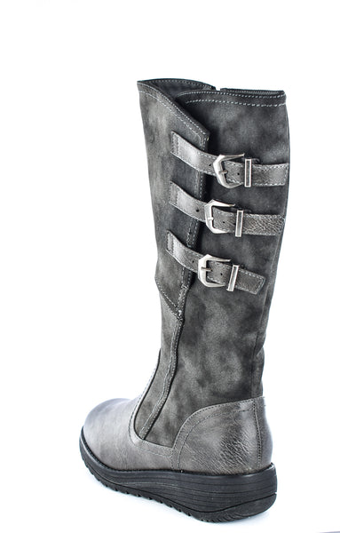 Ladies Triple Buckle Brushed Faux Leather Classic High Leg Boot Grey