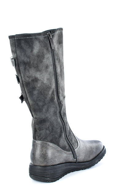 Ladies Triple Buckle Brushed Faux Leather Classic High Leg Boot Grey