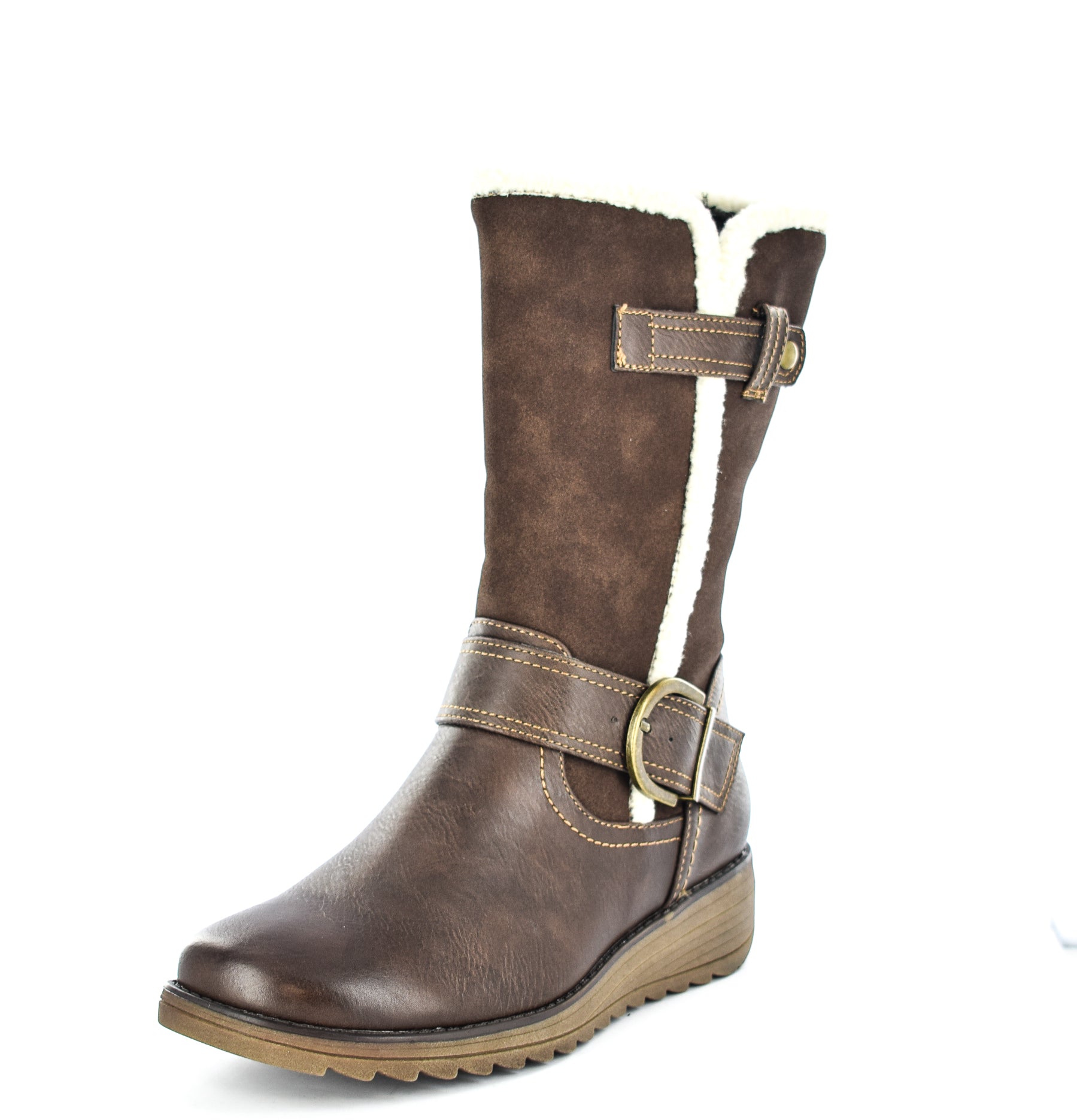 Ladies Brown Imitation Suede/PU Buckle Zip Up Mid Calf Biker Boots