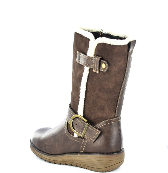 Ladies Brown Imitation Suede/PU Buckle Zip Up Mid Calf Biker Boots