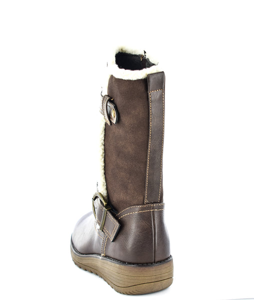 Ladies Brown Imitation Suede/PU Buckle Zip Up Mid Calf Biker Boots