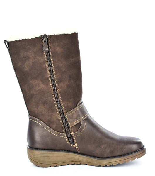 Ladies Brown Imitation Suede/PU Buckle Zip Up Mid Calf Biker Boots