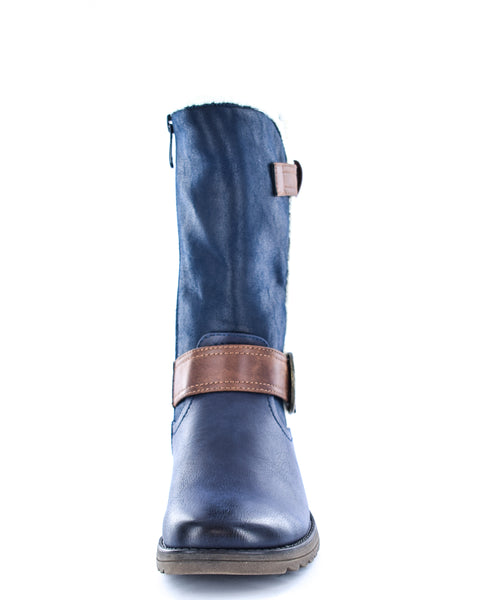 Ladies Navy Imitation Suede/PU Buckle Zip Up Mid Calf Biker Boots