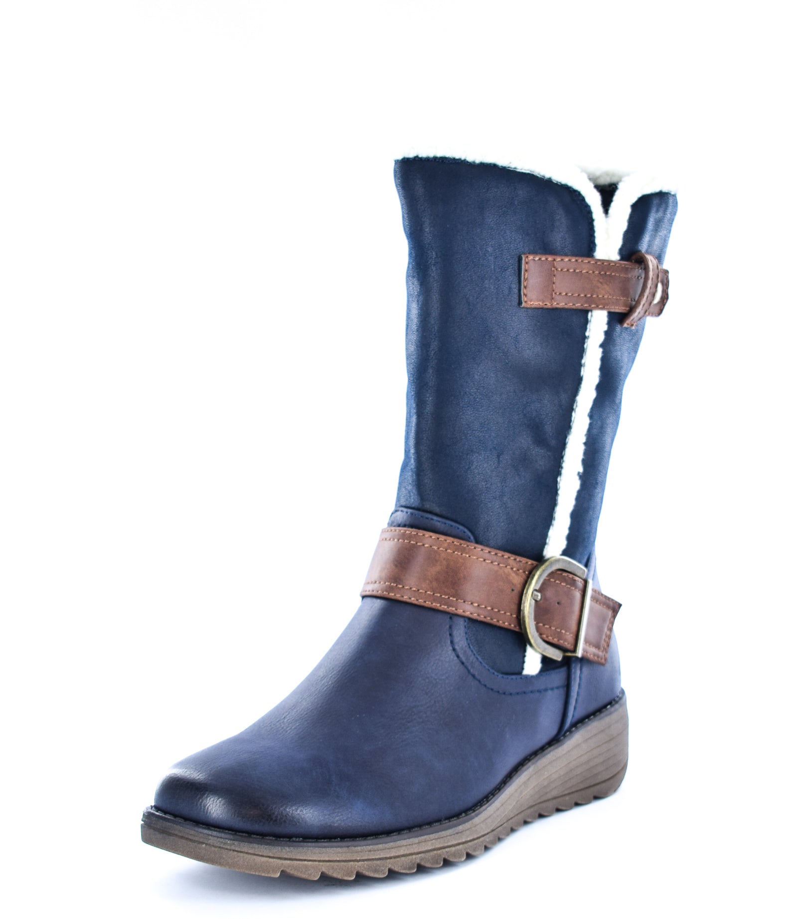 Ladies Navy Imitation Suede/PU Buckle Zip Up Mid Calf Biker Boots