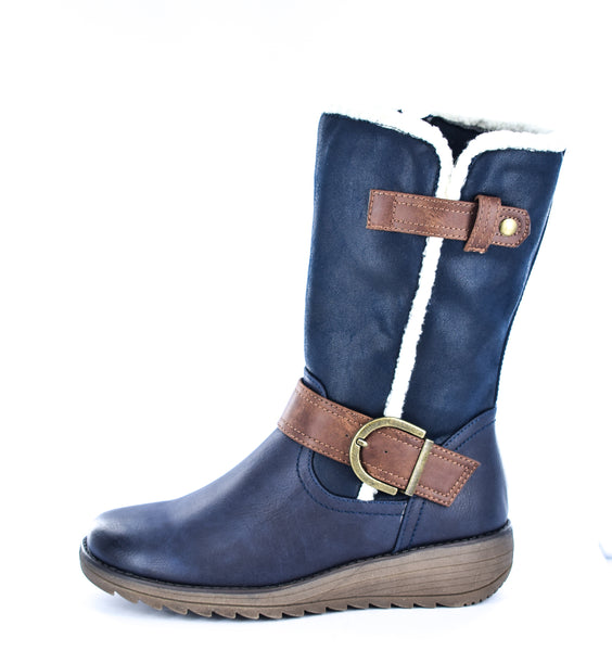 Ladies Navy Imitation Suede/PU Buckle Zip Up Mid Calf Biker Boots