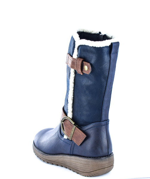 Ladies Navy Imitation Suede/PU Buckle Zip Up Mid Calf Biker Boots