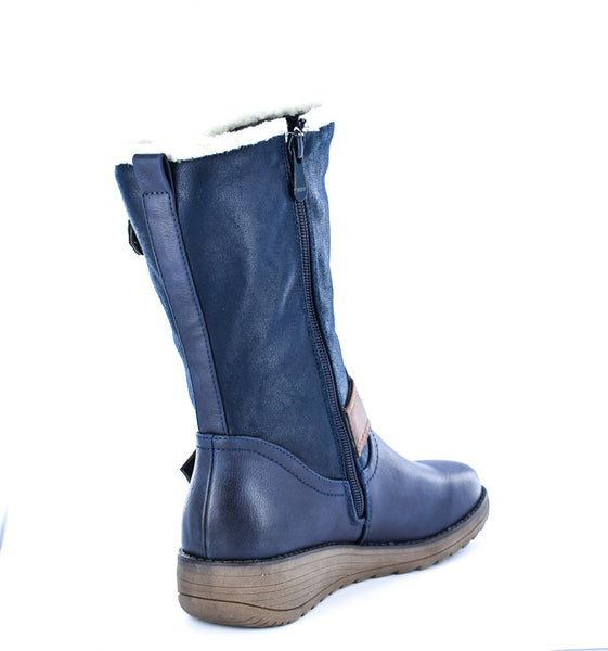 Ladies Navy Imitation Suede/PU Buckle Zip Up Mid Calf Biker Boots