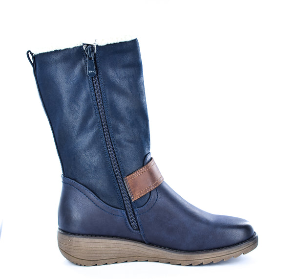 Ladies Navy Imitation Suede/PU Buckle Zip Up Mid Calf Biker Boots