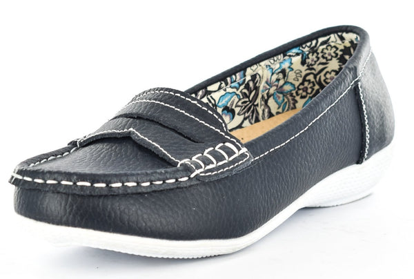 Ladies/Women Navy Leather Upper Casual Saddle Loafers