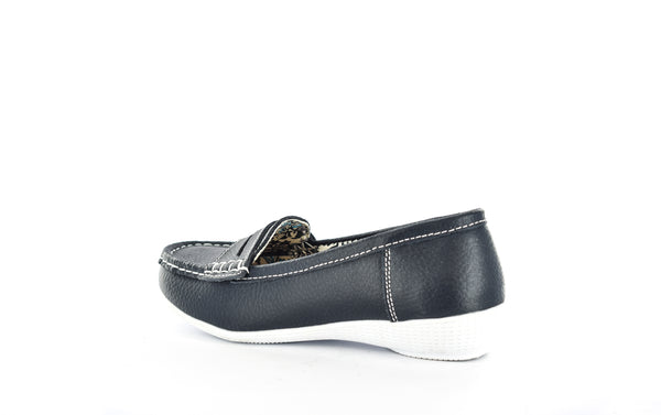 Ladies/Women Navy Leather Upper Casual Saddle Loafers