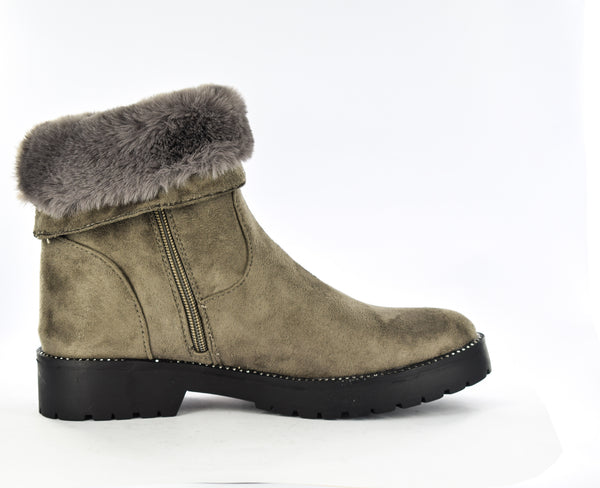 Ladies Faux Microfibre trim fur collar Inside Zip Ankle Boot