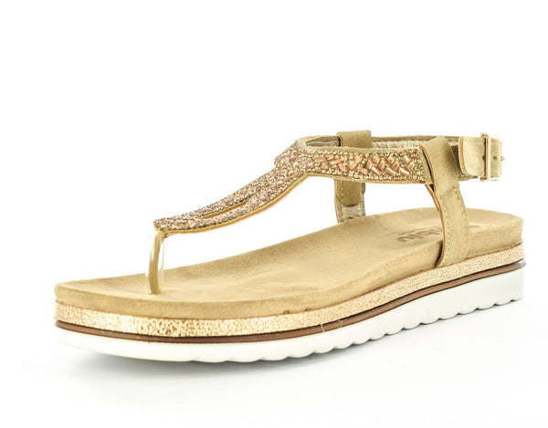 LADIES SAND EMBELLISHED T-BAR ANKLE STRAP SUMMER SANDAL