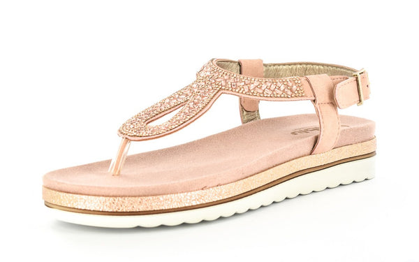 LADIES PINK EMBELLISHED T-BAR ANKLE STRAP SUMMER SANDAL