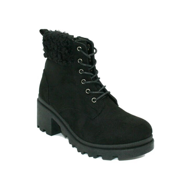 CH6795 LADIES BUCKLE DETAIL BLOCK HEEL HIKER BOOT BLACK SUEDE