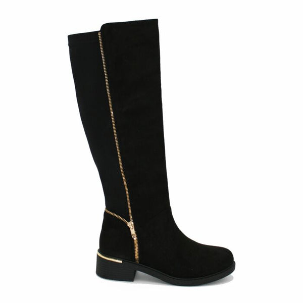 LJ6817 LONG LEG GOLD ZIP STRETCH BOOT BLACK PU/ BLACK SUEDE