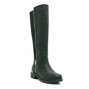 LJ6817 LONG LEG GOLD ZIP STRETCH BOOT BLACK PU/ BLACK SUEDE